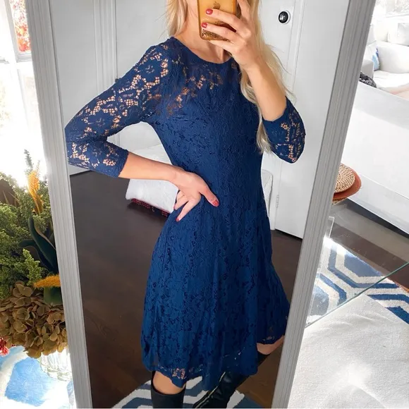 💙 DOROTHY PERKINS ELEGANT NAVY LACE LONG SLEEVE COCKTAIL DRESS!
