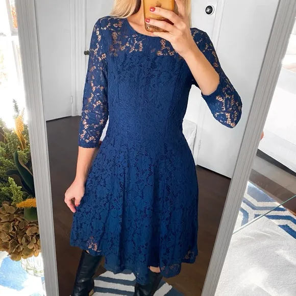 💙 DOROTHY PERKINS ELEGANT NAVY LACE LONG SLEEVE COCKTAIL DRESS!