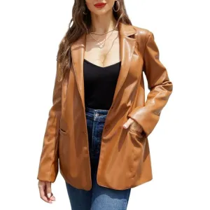 ✨ Women Brown Faux Leather Blazer Jacket Shacket Fashion Vegan Button Down Coats