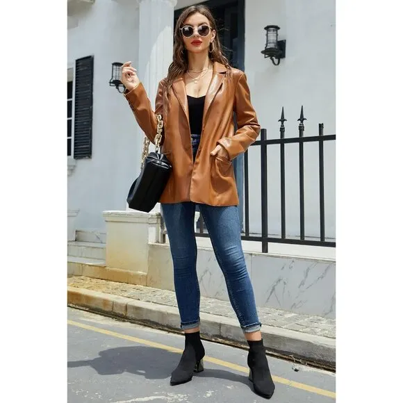 ✨ Women Brown Faux Leather Blazer Jacket Shacket Fashion Vegan Button Down Coats