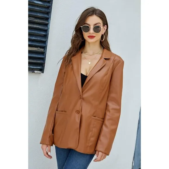 ✨ Women Brown Faux Leather Blazer Jacket Shacket Fashion Vegan Button Down Coats