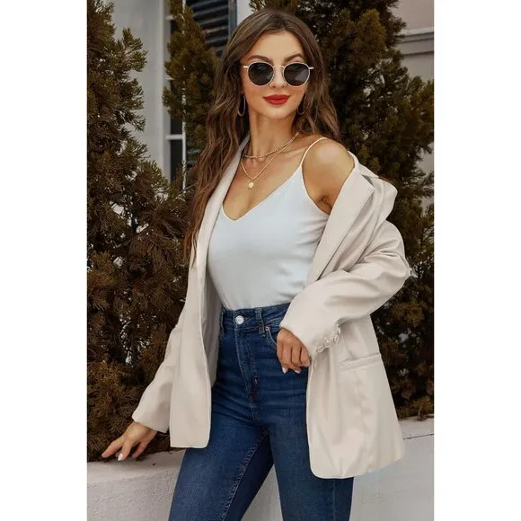 ✨ Women White Faux Leather Blazer Jacket Shacket Fashion Vegan Button Down Coats