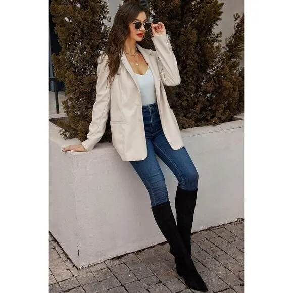 ✨ Women White Faux Leather Blazer Jacket Shacket Fashion Vegan Button Down Coats