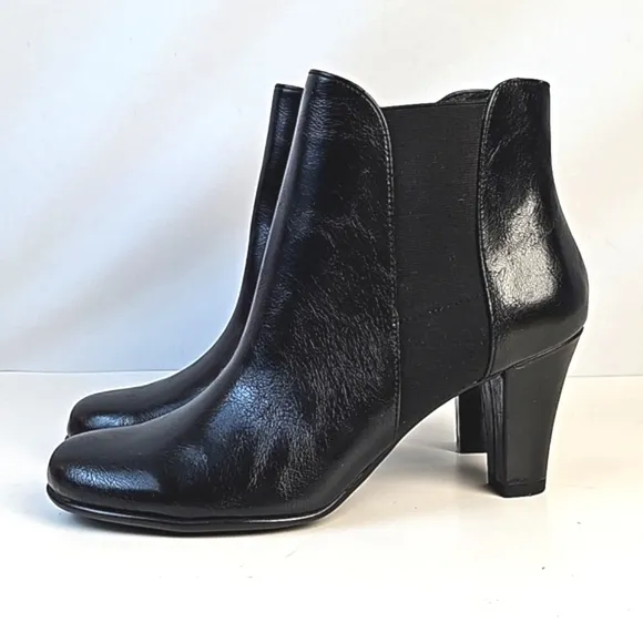 A2 by Aerosoles Strole Along Black Faux Leather Round Toe Heeled Ankle Bootie