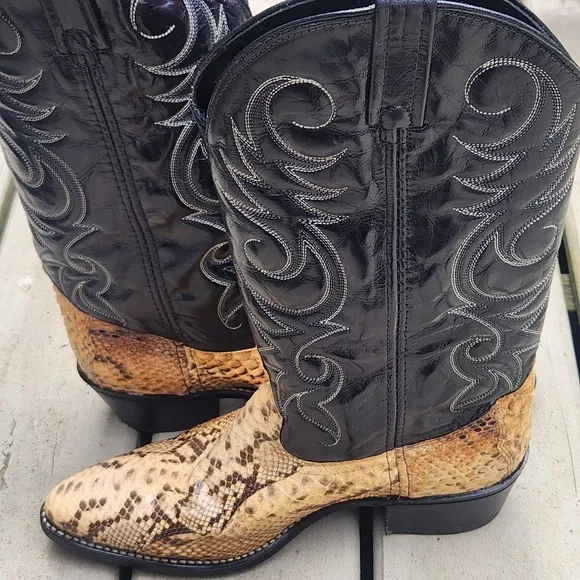 Acme Cowboy Boots Python Snake Skin Leather Men's 9 1/2D Western Black Tan VTG
