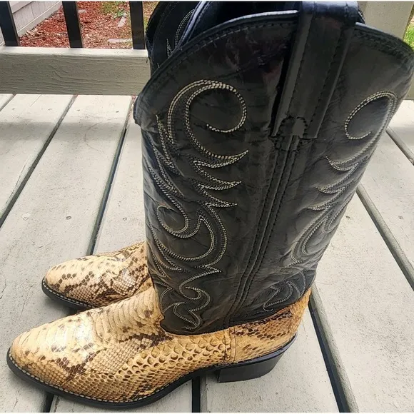 Acme Cowboy Boots Python Snake Skin Leather Men's 9 1/2D Western Black Tan VTG