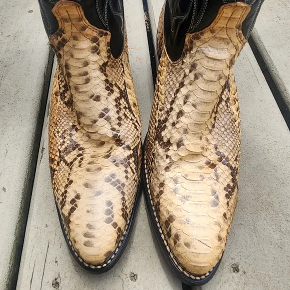 Acme Cowboy Boots Python Snake Skin Leather Men's 9 1/2D Western Black Tan VTG