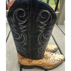 Acme Cowboy Boots Python Snake Skin Leather Men's 9 1/2D Western Black Tan VTG