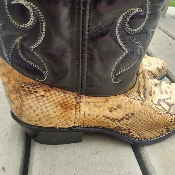 Acme Cowboy Boots Python Snake Skin Leather Men's 9 1/2D Western Black Tan VTG