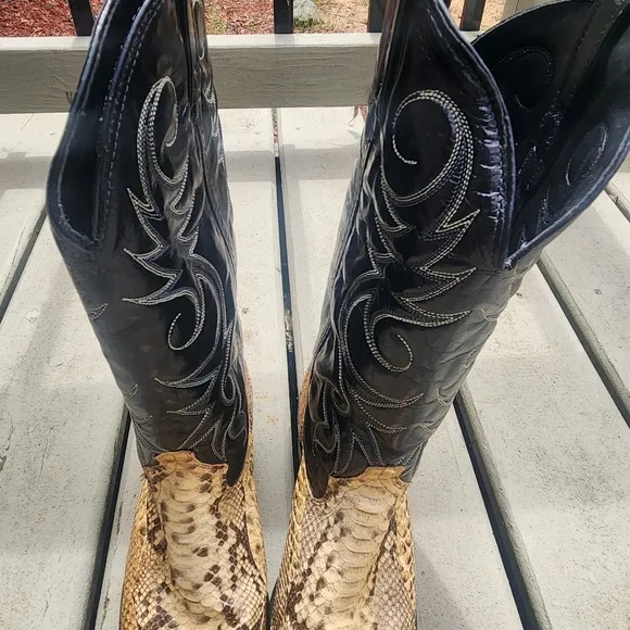 Acme Cowboy Boots Python Snake Skin Leather Men's 9 1/2D Western Black Tan VTG