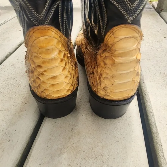Acme Cowboy Boots Python Snake Skin Leather Men's 9 1/2D Western Black Tan VTG