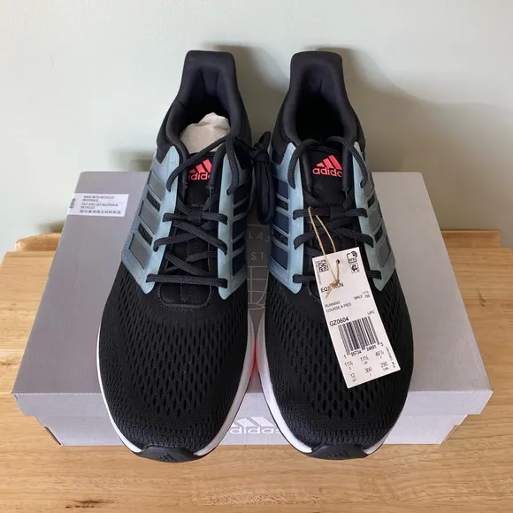 Adidas Mens EQ21 Black Carbon Gray Running Shoes Sneakers Sz 12