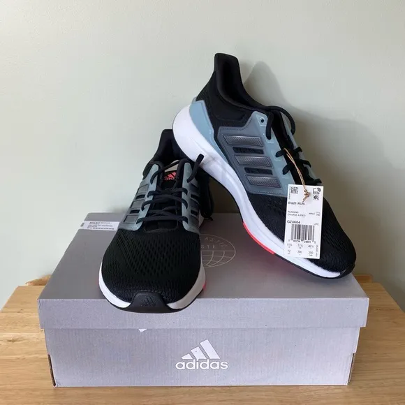 Adidas Mens EQ21 Black Carbon Gray Running Shoes Sneakers Sz 12