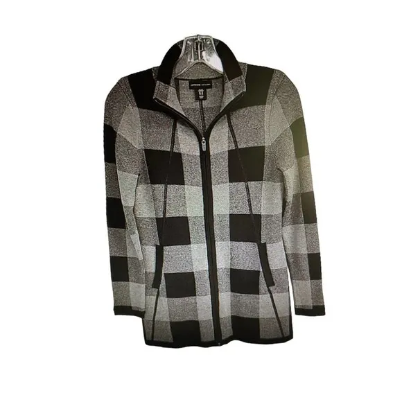 Adrienne Vittadini Black &amp; Gray Plaid Sweater Coat Size Small