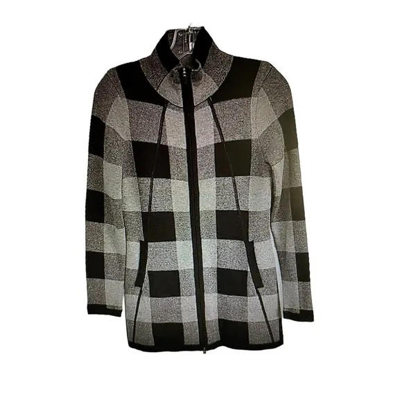 Adrienne Vittadini Black &amp; Gray Plaid Sweater Coat Size Small