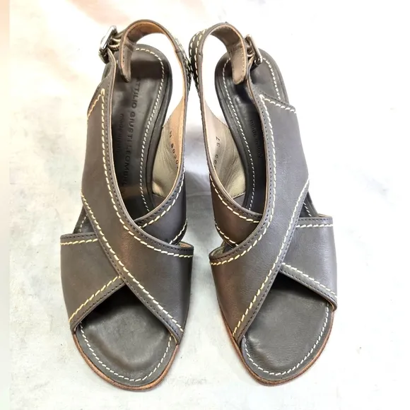 AGL Women's Size 37 Gray Leather Ankle Strap Sandals Heels New
