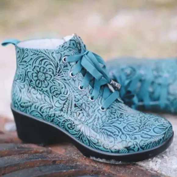 Alegria Eliza Teal Tooled Boots Sz 36