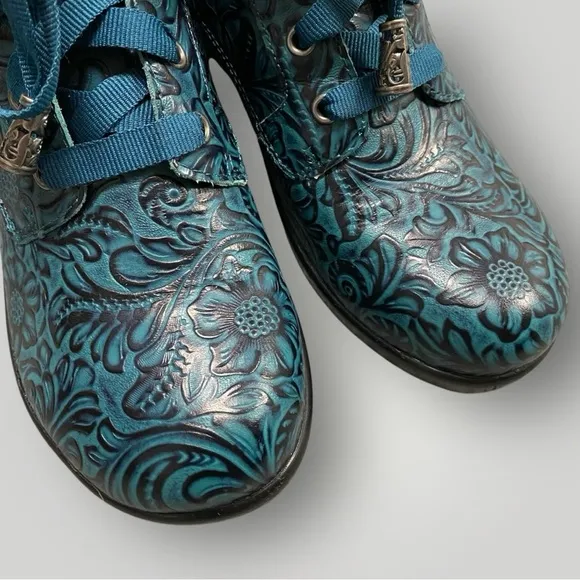 Alegria Eliza Teal Tooled Boots Sz 36