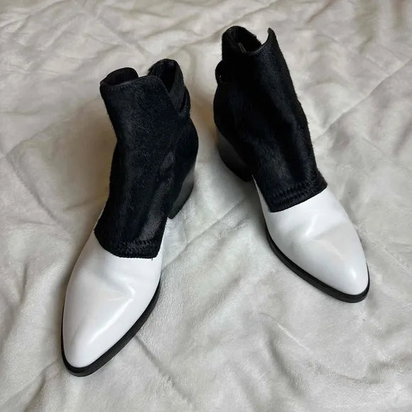 Alexander Wang Black White Leather and Calf Hair Ankle Boots Size 6.5