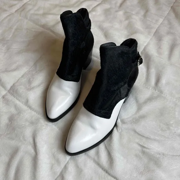 Alexander Wang Black White Leather and Calf Hair Ankle Boots Size 6.5