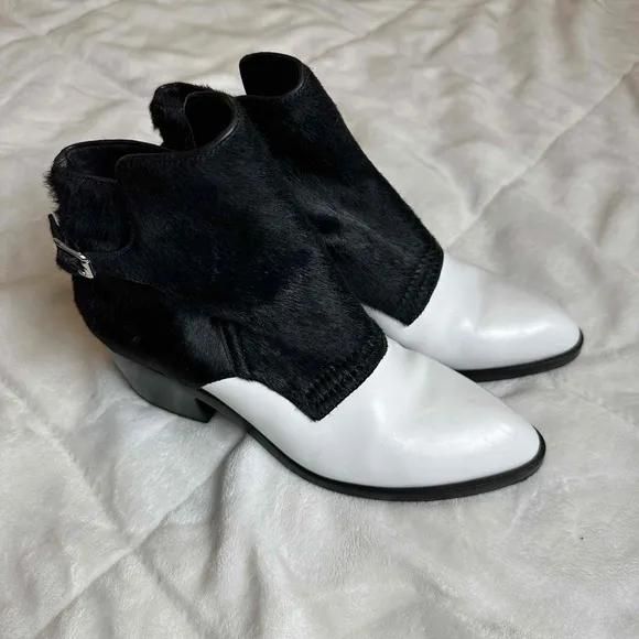 Alexander Wang Black White Leather and Calf Hair Ankle Boots Size 6.5