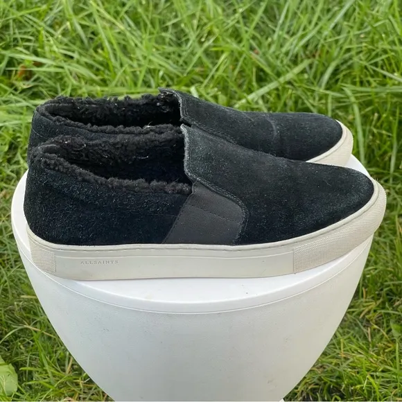 All Saints Shoes Womens 8 EU 39 Black Suede Slip On Fur Lined Sneakers Casual