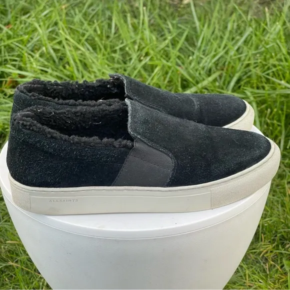 All Saints Shoes Womens 8 EU 39 Black Suede Slip On Fur Lined Sneakers Casual