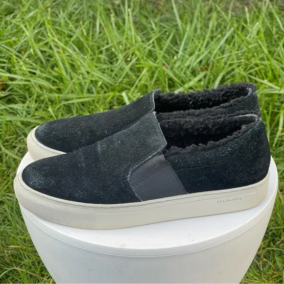 All Saints Shoes Womens 8 EU 39 Black Suede Slip On Fur Lined Sneakers Casual