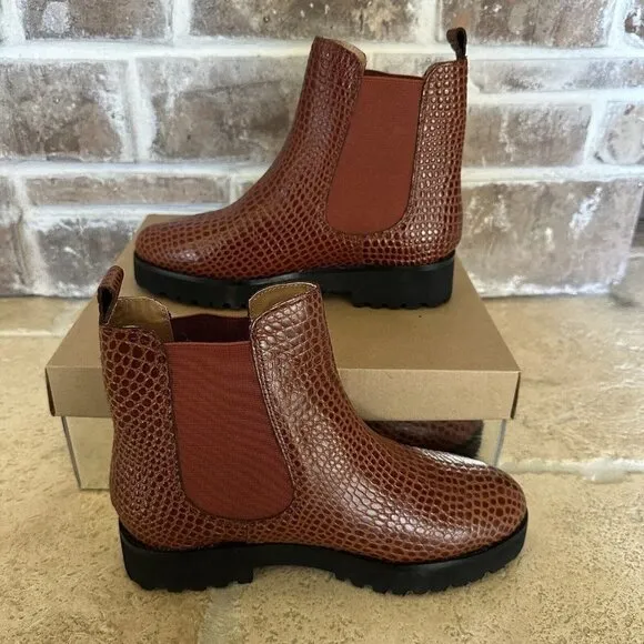 Andre Assous Peggy Chelsea‎ Boot Booties Leather Women Embossed Croc Brown 6.5 M