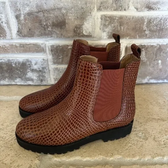 Andre Assous Peggy Chelsea‎ Boot Booties Leather Women Embossed Croc Brown 6.5 M