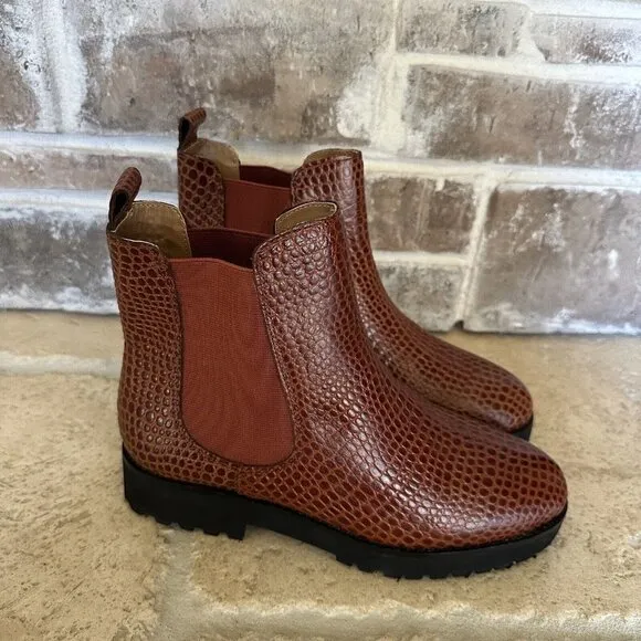 Andre Assous Peggy Chelsea‎ Boot Booties Leather Women Embossed Croc Brown 6.5 M