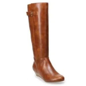 Anne Klein Mollie Wedge Tall Boots 9 Brown NWOT Vegan Leather Riding Comfort