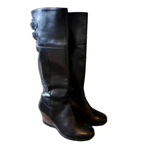 Anthropologie 7 Sanita Leather Wedge Riding Boots Tall Wood Heel COMFORT Black