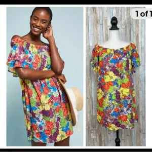 Anthropologie Allihop Off The Shoulder Bright Floral dress XS summer fun
