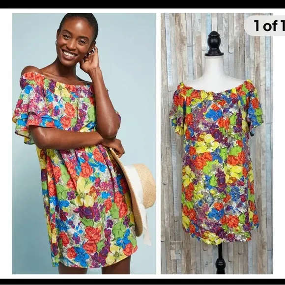 Anthropologie Allihop Off The Shoulder Bright Floral dress XS summer fun