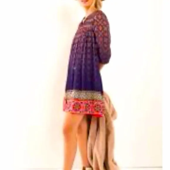 Anthropologie Tanvi Kedia Corinna Tunic Dress |Embroidered |Tassel | Metallic