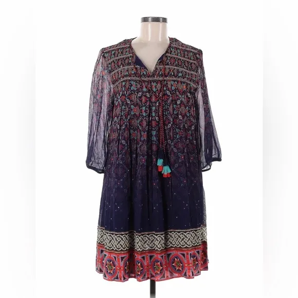 Anthropologie Tanvi Kedia Corinna Tunic Dress |Embroidered |Tassel | Metallic