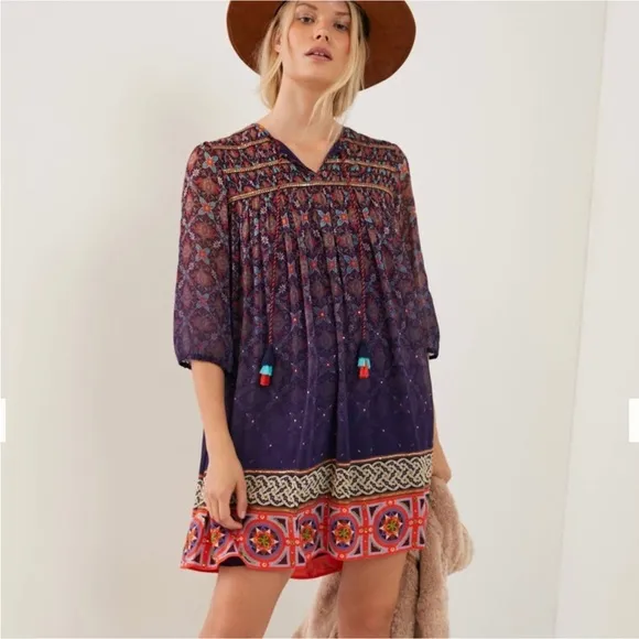 Anthropologie Tanvi Kedia Corinna Tunic Dress |Embroidered |Tassel | Metallic