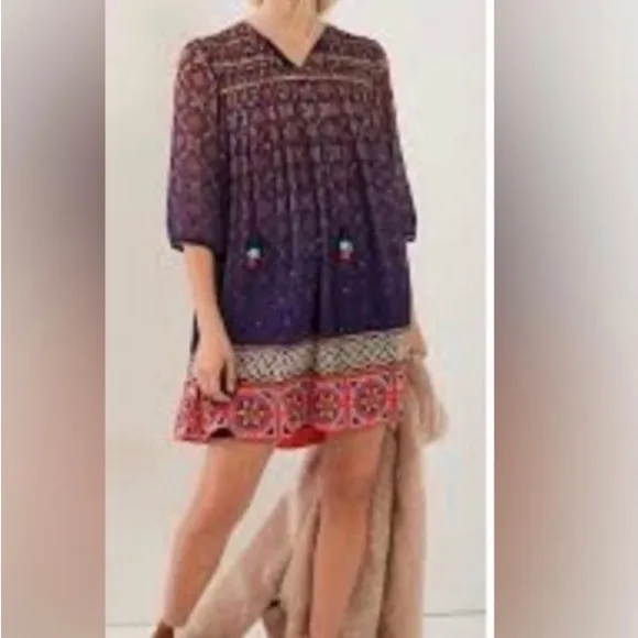 Anthropologie Tanvi Kedia Corinna Tunic Dress |Embroidered |Tassel | Metallic