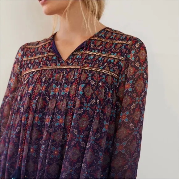 Anthropologie Tanvi Kedia Corinna Tunic Dress |Embroidered |Tassel | Metallic