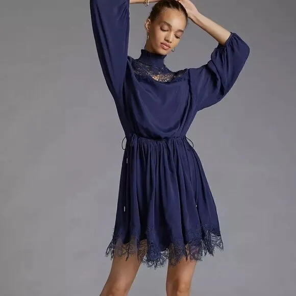 Anthropologie Magali Pascal Silky Lace Mini Dress navy medium NWT