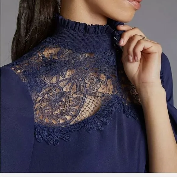 Anthropologie Magali Pascal Silky Lace Mini Dress navy medium NWT