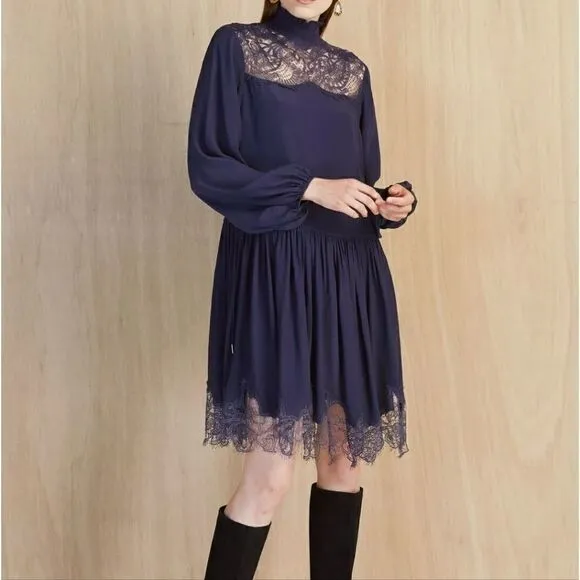 Anthropologie Magali Pascal Silky Lace Mini Dress navy medium NWT