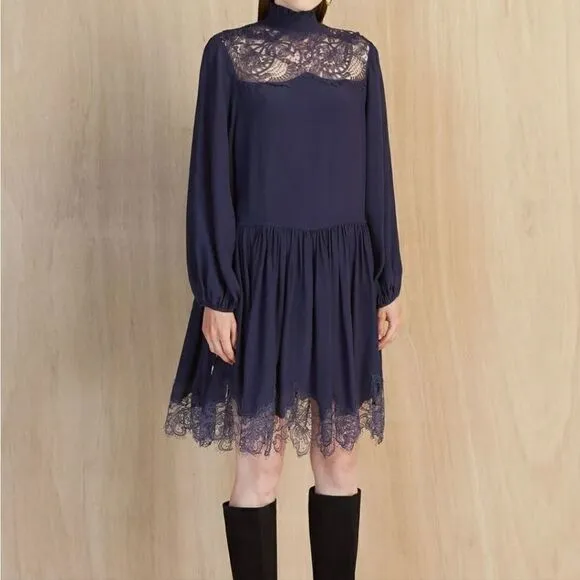 Anthropologie Magali Pascal Silky Lace Mini Dress navy medium NWT
