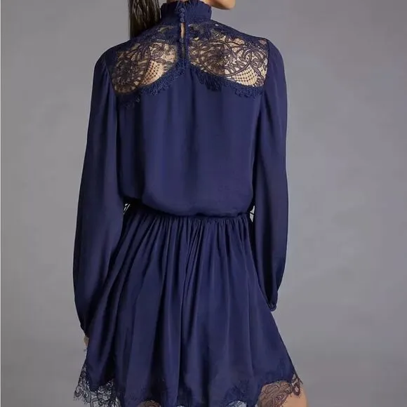 Anthropologie Magali Pascal Silky Lace Mini Dress navy medium NWT