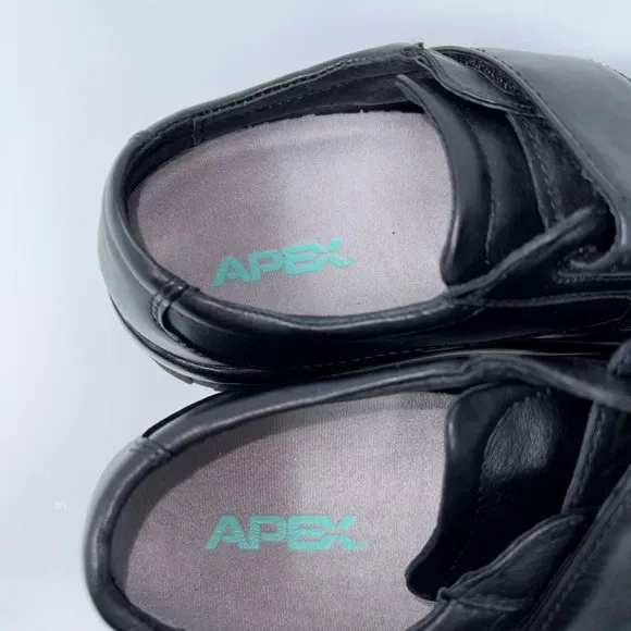 Apex Mens Biomechanical Slip On Shoes Black Leather Strap Hook Loop 7.5 XW New