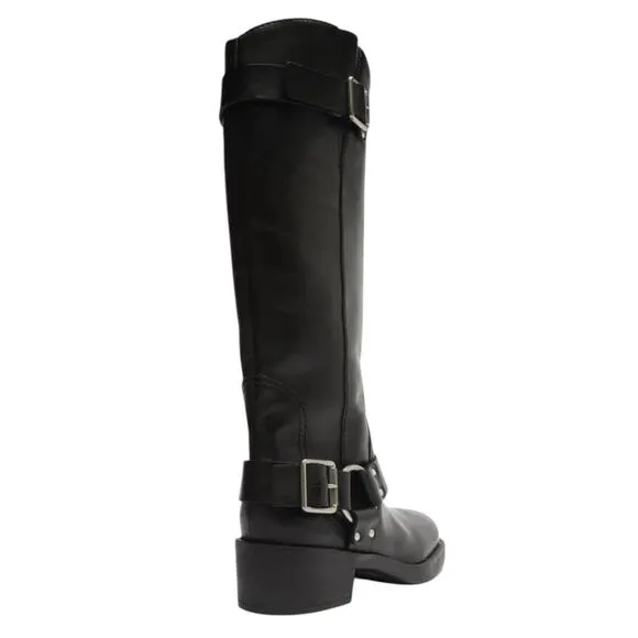 Arezzo Women's Clara Leather Knee High Moto Boots Black Size 6
