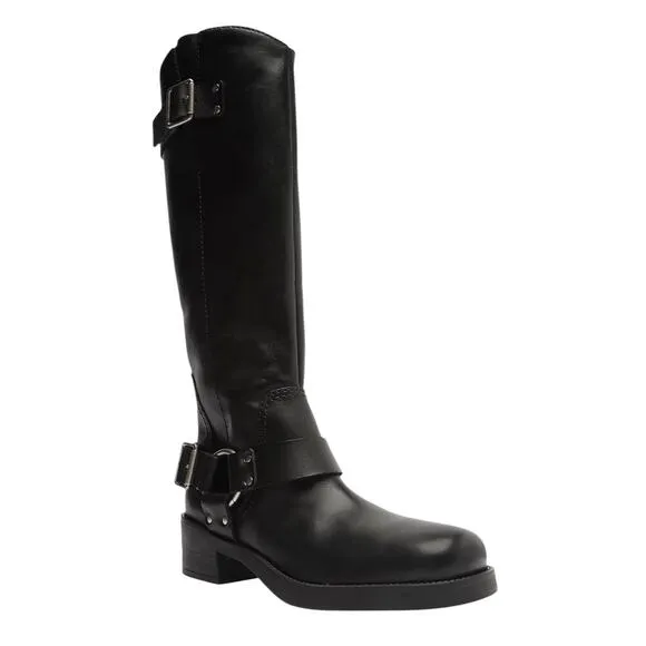 Arezzo Women's Clara Leather Knee High Moto Boots Black Size 6