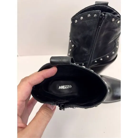 Arezzo Boots Size 10B Black Leather Block Heel Studded Booties Side Zip NEW