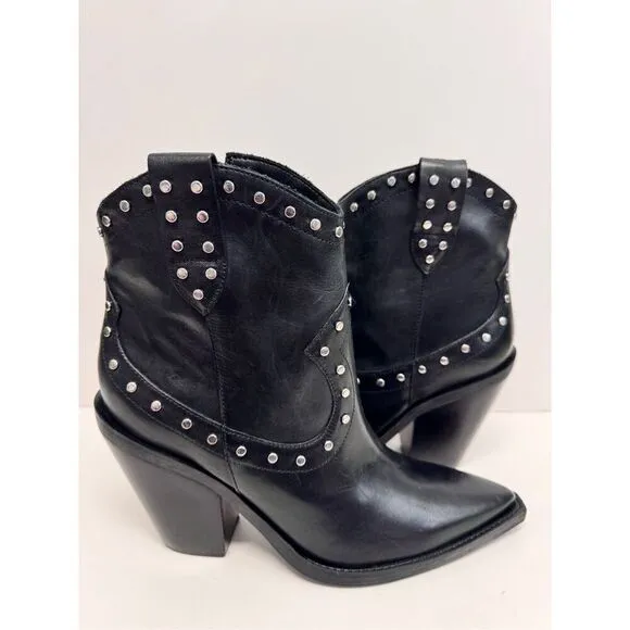 Arezzo Boots Size 10B Black Leather Block Heel Studded Booties Side Zip NEW
